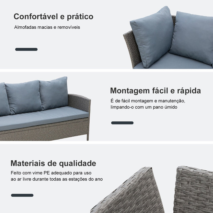 Conjunto de sofá Mesa e banco de vime para jardim Cinza
