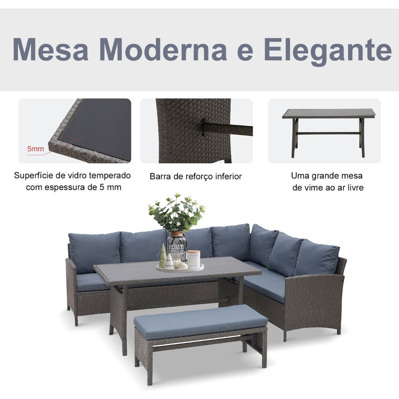 Conjunto de sofá Mesa e banco de vime para jardim Cinza