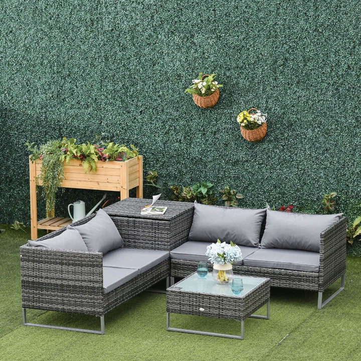 Conjunto de 4 Móveis de vime para Jardim com 2 Sofás Duplos Mesa central mesa de baú e almofadas removíveis 132x69x64 cm Cinza