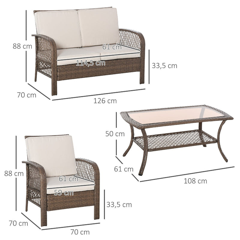 Conjunto de 4 móveis de jardim de vime PE Poltrona, sofá duplo e mesa de centro com almofadas laváveis para terraço ao ar livre, marrom e cáqui