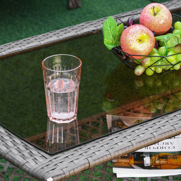 Conjunto de 4 móveis de jardim de vime PE Poltrona, sofá duplo e mesa de centro com almofadas laváveis para terraço ao ar livre, marrom e cáqui