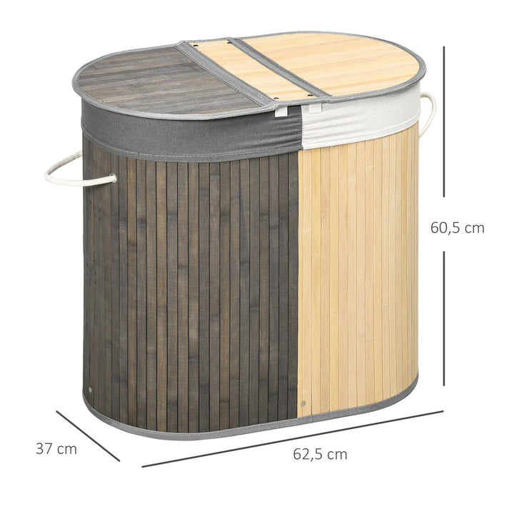 Cesto de Roupa Suja de Bambu Capacidade de 100L Cesto para Roupa Suja com Tampa Rebatível e Bolsa com 2 Compartimentos Amovível 62,5x37x60,5cm Cinza e Madeira