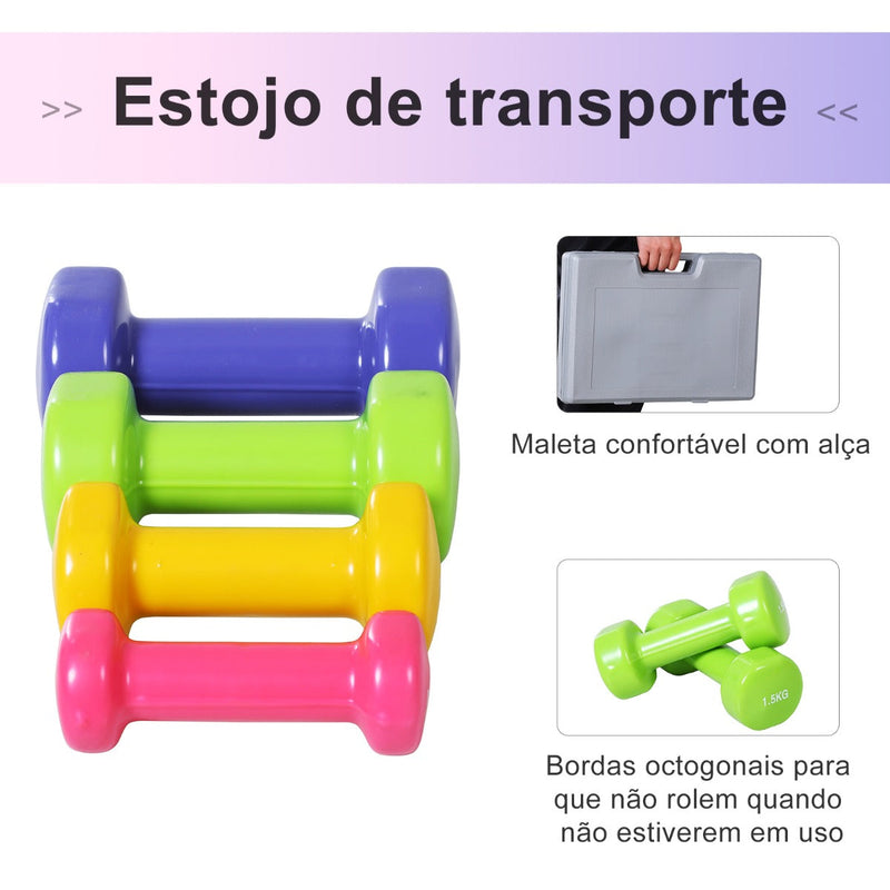 Conjunto de 8 halteres 4 pares de 0,5 kg 1 kg 1,5 kg 2 kg com caixa exterior para ginásio e treino