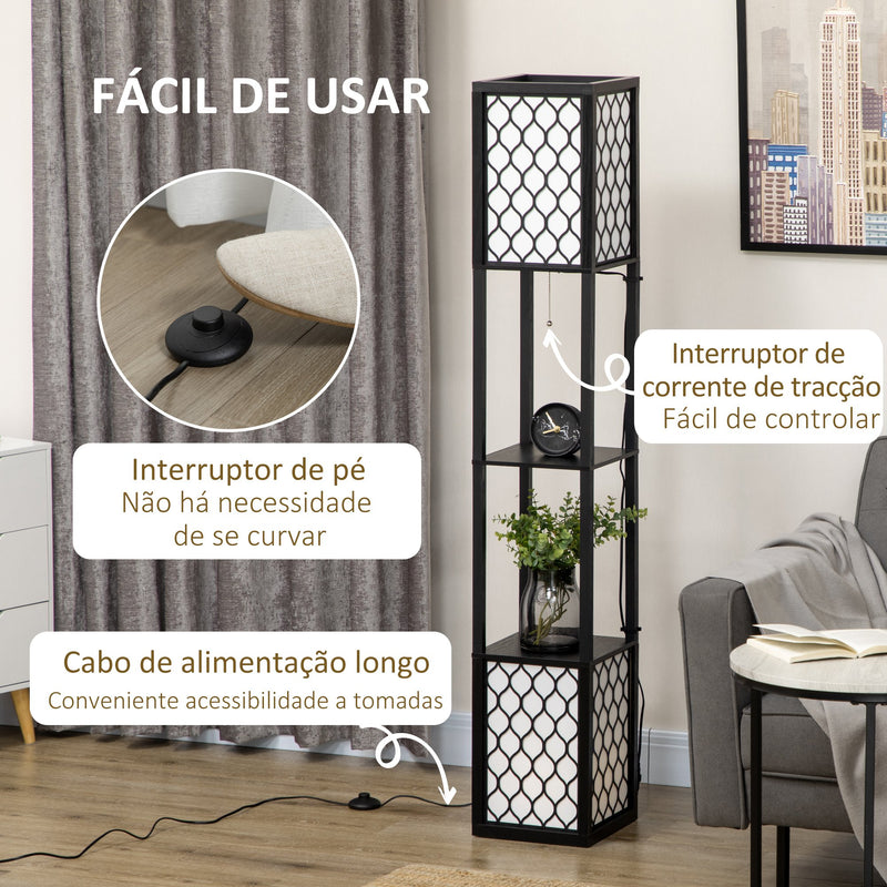 Candeeiro de Pé de Madeira Candeeiro de Pé com Estantes Lâmpada E27 Máx. 40W com Interruptor para Sala de Estar Dormitório Escritório 26x26x156cm Preto e Branco