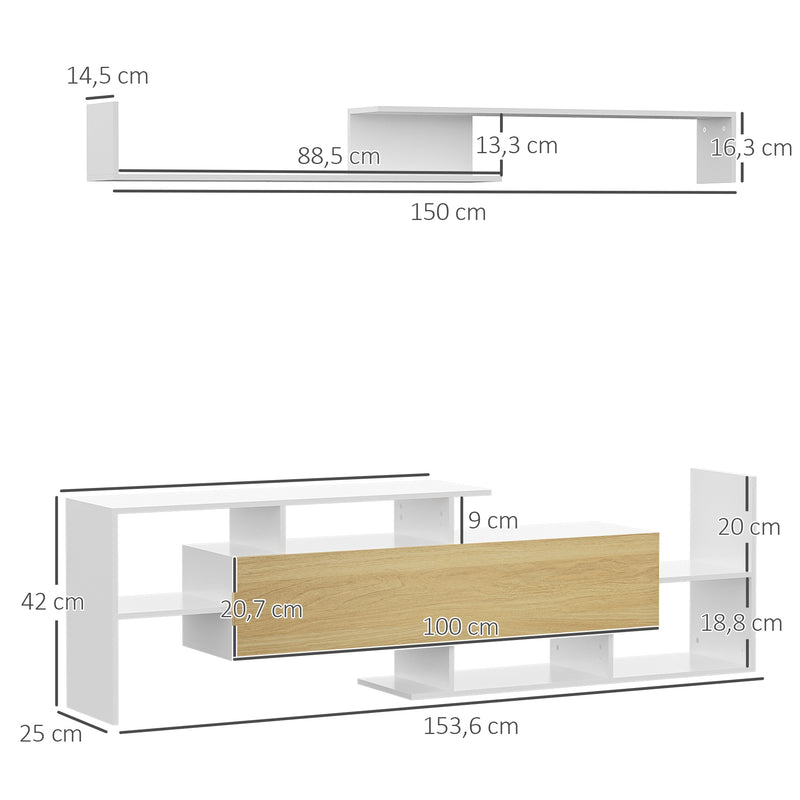 Móvel de TV Moderno Móvel de Sala de Estar para Televisores 153,6x25x42cm e Prateleira de Parede 150x14,5x16,3cm Branco e Madeira