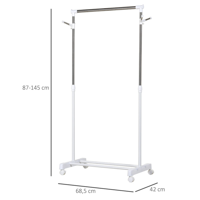 Cabide de barra padrão ajustável Portátil com rodas 68.5x42x87-145 cm Branco Prata