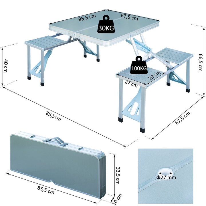 Mesa de piquenique dobrável com 4 lugares e furo para guarda-sol para Camping - Alumínio - 85,5x67,5x66,5 cm