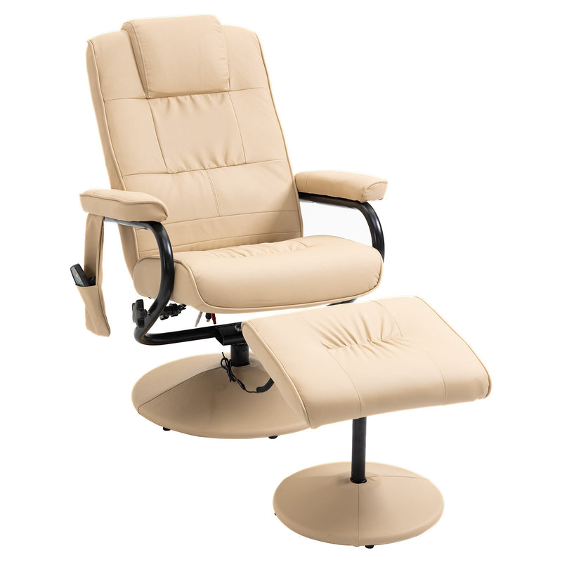 Poltrona de Massagem Elétrica com Banco para Apoiar os Pés Poltrona Relax Giratório Reclinável em até 145° com Controle Remoto e 10 Zonas de Massagem Estofado em PU 77x84x95cm Bege