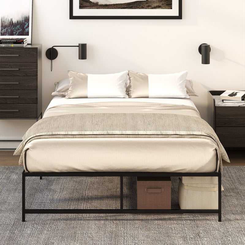 Estrutura de Cama Dupla de Metal para Colchão 135x190cm com Pés de 35cm Estrutura de Cama de Casal com Espaço em Baixo de Armazenamento 141,5x195x35cm Preto