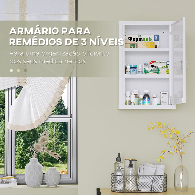 Armário Farmácia de Parede Armário de Medicamentos de Aço com 3 Prateleiras de Armazenamento e 2 Chaves para Casa de Banho 30x14x46 cm Branco