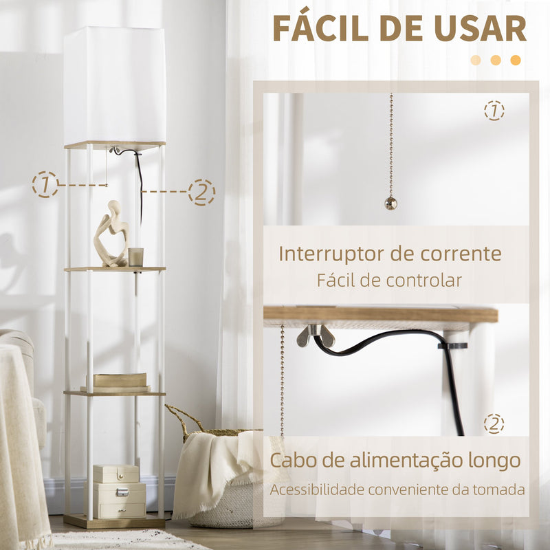 Candeeiro de Pé Moderno com Prateleiras Candeeiro de Pé para Sala de Estar Lâmpada E27 Máx. 40W com Ecrã de Tecido e Interruptor de Pé para Dormitório Escritório 26x26x159cm Branco e Madeira