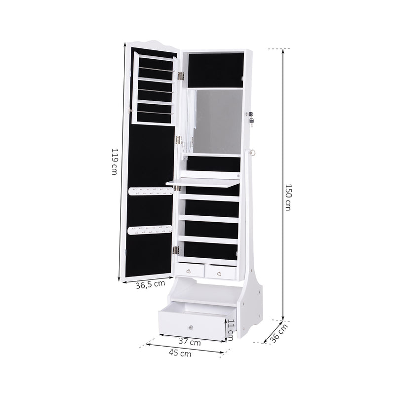 Espelho de joalheiro Armário de joias de pé com luzes LED Gavetas de bloqueio Espelho e dobradiça interior para comédicos 45x36x150cm