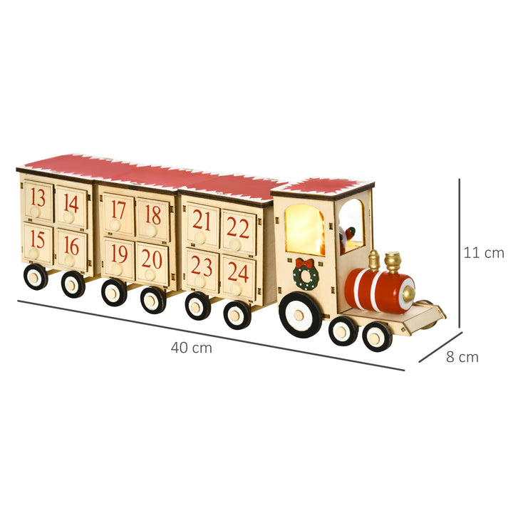 Calendário de Advento de Natal com Luz LED e 24 Gavetas Decoração de Natal Modelo Trem para Escritório Mesa Lareira 40x8x11cm Madeira
