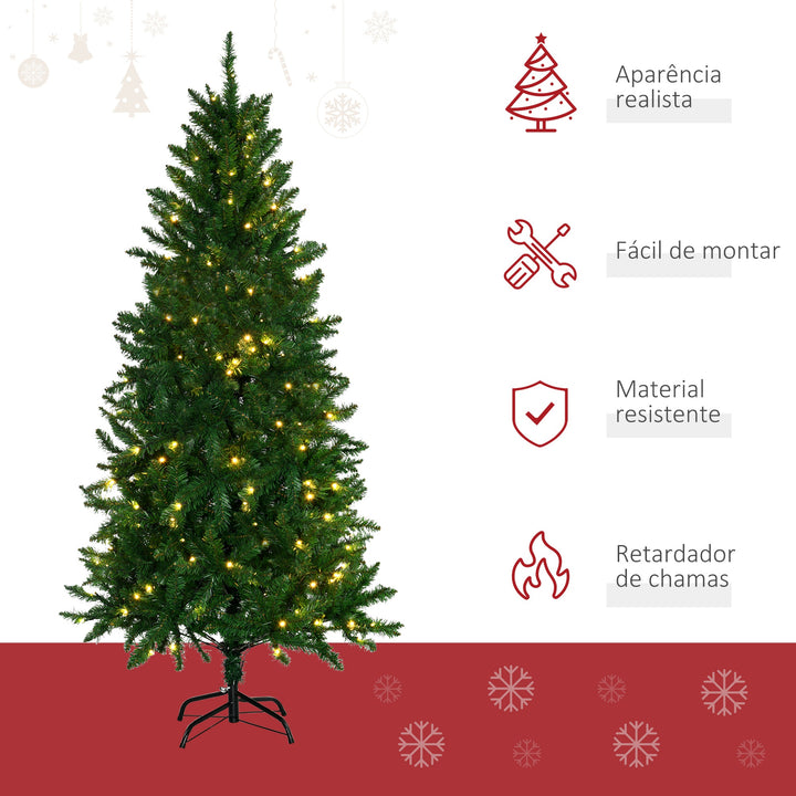 Árvore de Natal Artificial Altura 180cm Ignífugo com 714 Ramos 200 Luzes LED IPX2 8 Modos Folhas de PVC Base Dobrável e Suporte Metálico Decoração de Natal para Interiores Verde