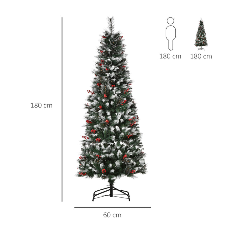 Árvore de Natal Artificial 180cm Ignífugo com 539 Ramos 51 Bagas Folhas de PVC Base Dobrável e Suporte Metálico Decoração de Natal para Interiores Verde