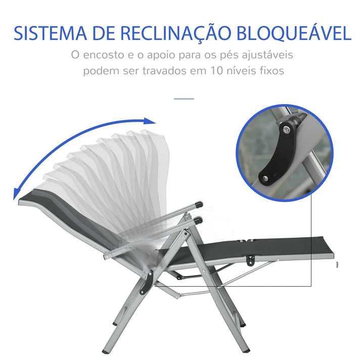 Espreguiçadeira dobrável para jardim Cadeira ajustável de 10 posições com encosto alto e apoio para pés Carga máx. 150 kg 78x58x110 cm Preto