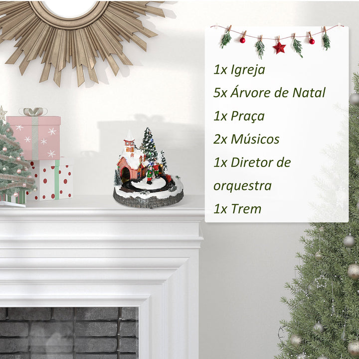 Aldeia de Natal Cena de Decoração Natalícia Iluminada com Luzes LED Trem Giratório e Música Decoração de Natal 20x19,5x20cm Multicor