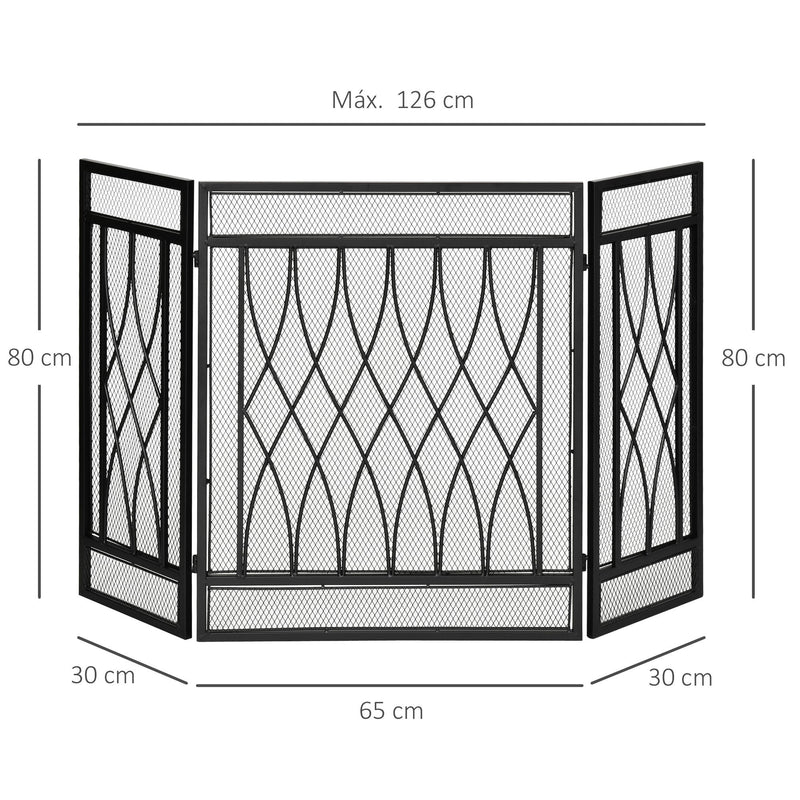 Frente de Lareira Dobrável Frente para Lareira com 3 Painéis com Dobradiças e Estrutura de Metal Decorativa 126x3x80cm Preto