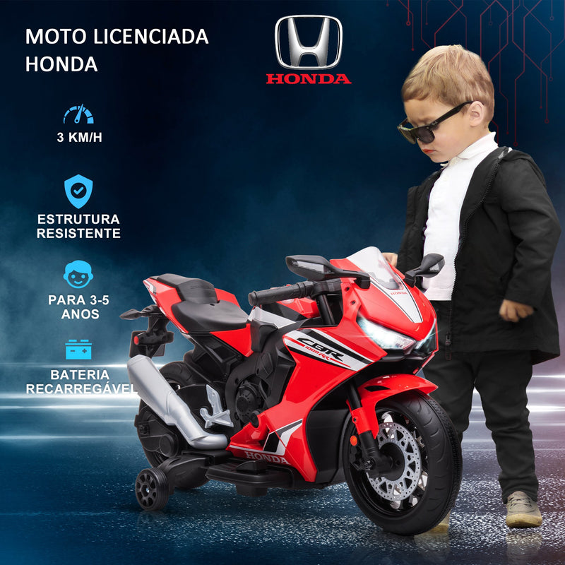 Mota Elétrica com Licença HONDA para Crianças de 3-5 Anos Mota a Bateria 6V com Farol Buzina Música e Rodas Auxiliares Removíveis Carga Máxima 30kg 90x44x52cm Vermelho