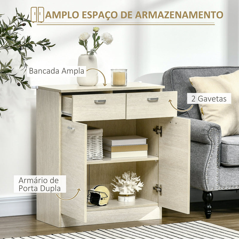 Aparador de Sala de Estar Moderno com 2 Armários 2 Gavetas e Prateleira Interior Ajustável Móvel Auxiliar de Armazenamento para Cozinha Dormitório Entrada Anti-Rolamento 68x34x80cm Madeira Clara