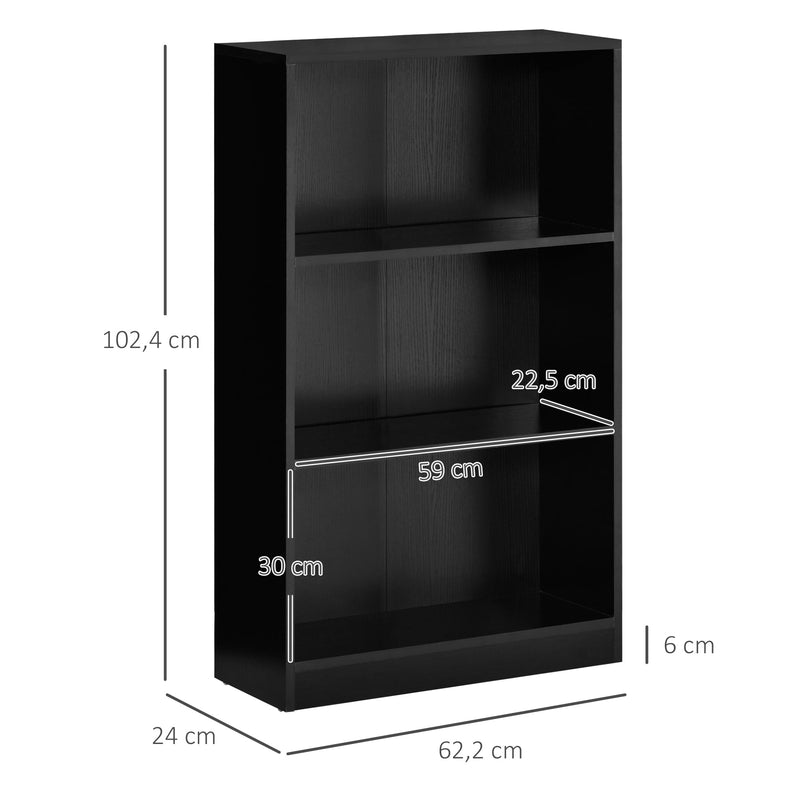 Estante para Livros com 3 Compartimentos de Armazenamento Livros Plantas para Sala de Estar Estúdio Dormitório 62,2x24x102,4cm Preto