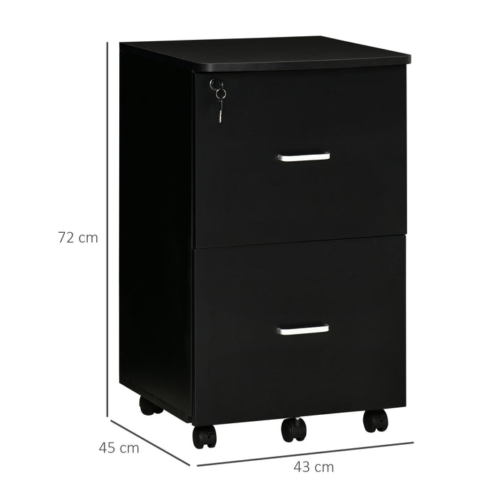 Bloco de Gavetas de Escritório Móvel Auxiliar para Arquivos com 2 Gavetas Fechadura 2 Chaves 5 Rodas e 2 Freios para Estúdio Escritório Dormitório 43x45x72cm Preto