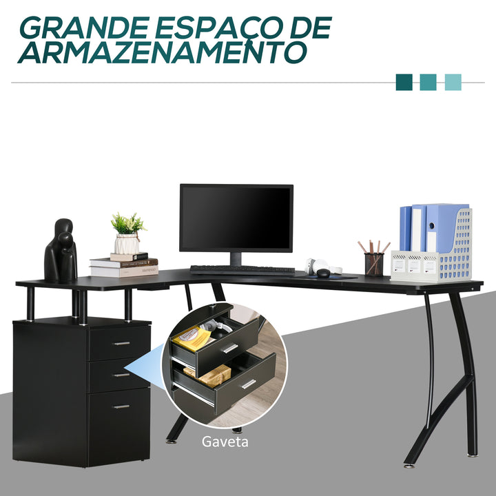 Secretária de Canto para Computador Mesa em Formato de L com 3 Gavetas Mesa Moderna para Escritório 143,5x143,5x76cm Preto