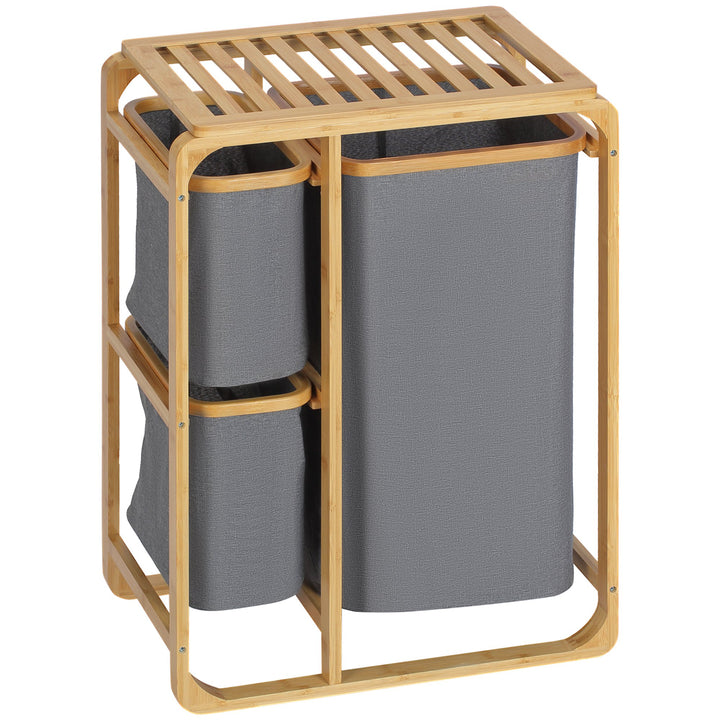 Cesto para Roupa Suja de Bambu Cesto de Roupa com 3 Bolsas de Tecido Amovíveis e Prateleira Aberta para Casa de Banho Dormitório 50x32x69,7cm Cinza e Madeira