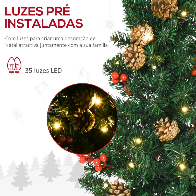 Conjunto de Decoração de Natal 4 Peças Decoração de Natal com 2 Árvores de Natal Coroa e Grinalda com Luzes LED Branca e Bagas Vermelhas 40x40x90cm Verde