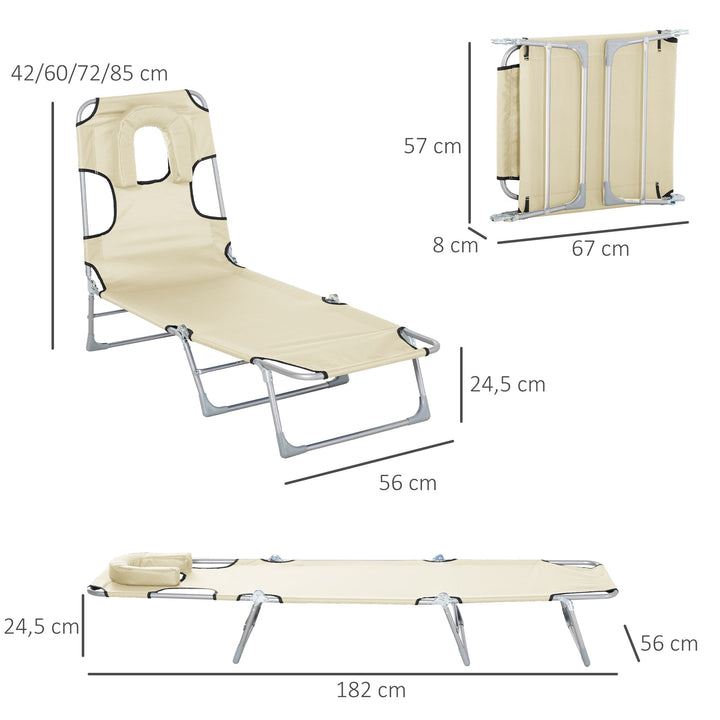 Espreguiçadeira de Jardim Reclinável e Dobrável com Orifício de Leitura Apoio para Cabeça e Encosto Ajustável em 5 Níveis para Praia 182x56x24,5 cm Bege
