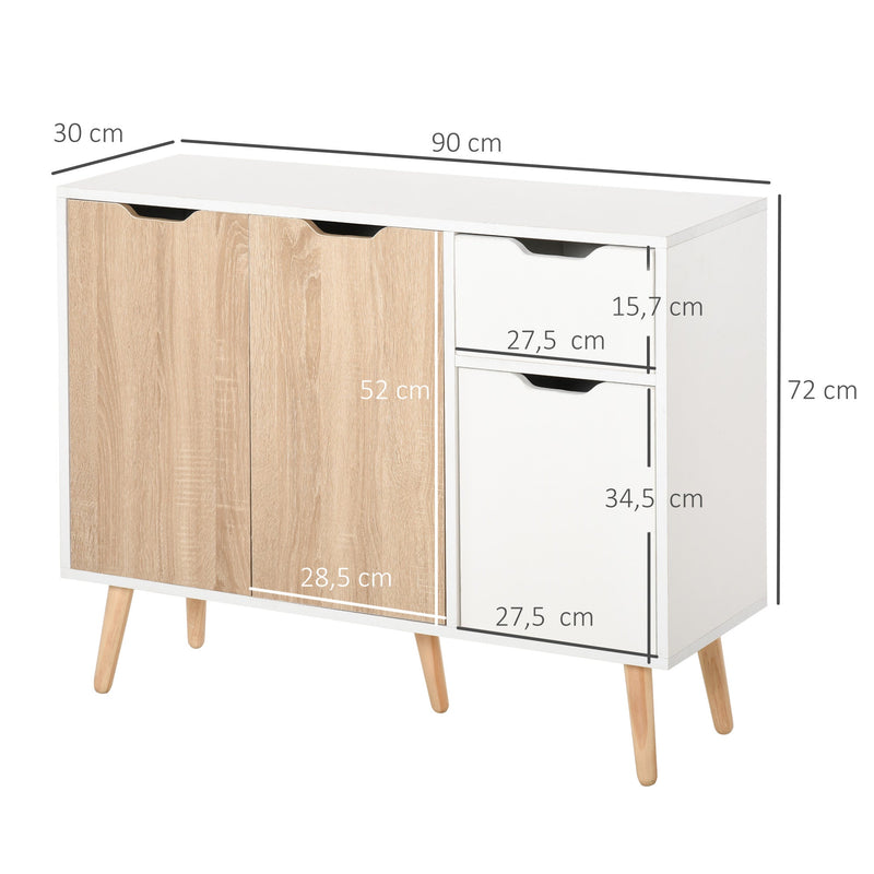 Aparador Móvel Auxiliar de Armazenamento com 2 Armários de Porta Gaveta Pés de Madeira para Sala de Estar Cozinha Dormitório 90x30x72cm Natural e Branco