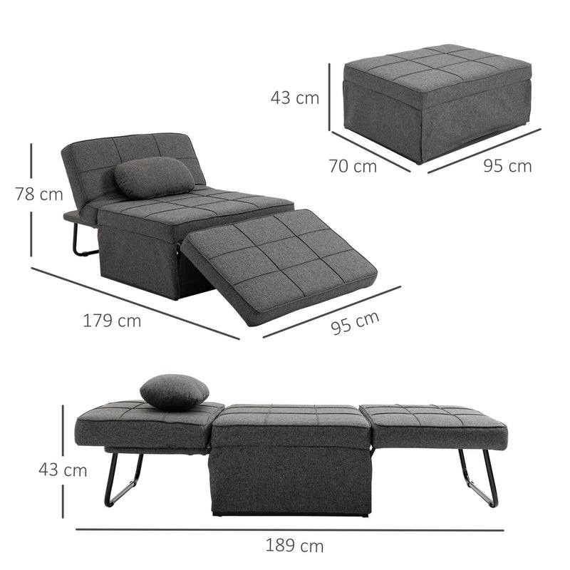 Sofá Cama Individual 3 em 1 Estofado em Linho Sofá Reclinável em 5 Posições com Apoio para os Pés e Apoio para a Cabeça para Sala de Estar Carga Máxima 200kg 95x189x43cm Cinza