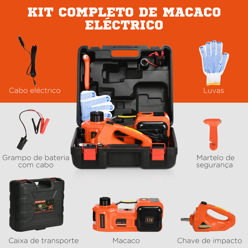 Kit de Macaco Elétrico para Carro 12V Macaco Elétrico para até 5 Toneladas de 15,5x45cm com Reparação para Pneus Luz LED e Inflador para Carro SUV Sedan 36x33x16cm Laranja