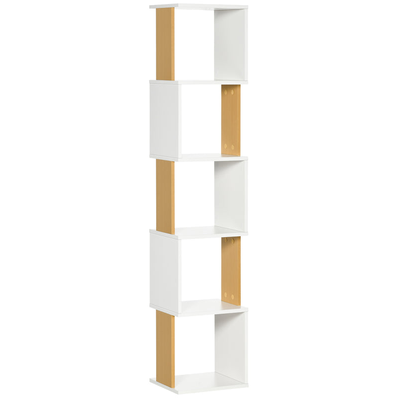 Estante de Livros em Forma de S Estante com 5 Prateleiras Abertas para Sala de Estar Escritório Estúdio Anti-Tombo Carga Máxima 100kg 33x28x161cm Branco