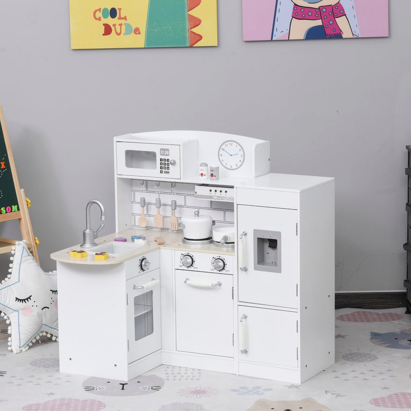 Cozinha de Brinquedo de Madeira para Crianças acima de 3 Anos Cozinha Infantil com Frigorífico Microondas Lavatório e 14 Acessórios 86x64x84,5cm Branco