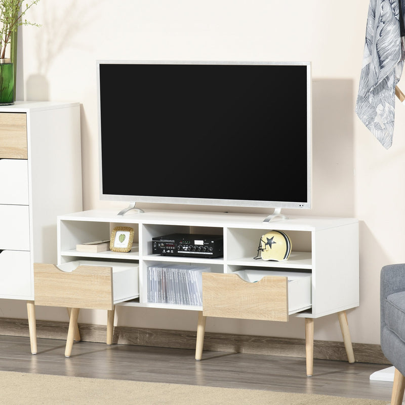 Móvel de TV com 2 Gavetas e 4 Compartimentos Pés de Madeira Dispositivo Anti Rolamento para Sala de Estar 117x39x57cm Branco e Madeira Natural