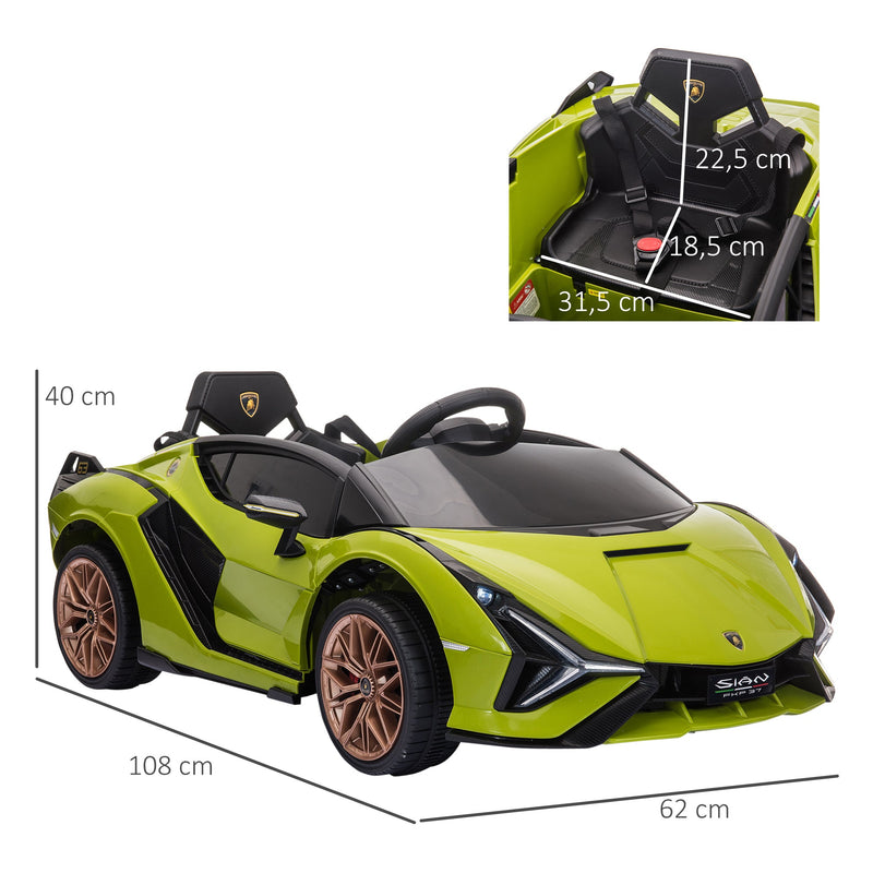 Carro Elétrico Lamborghini SIAN 12V para Crianças acima de 3 Anos com Controle Remoto Abertura da Porta Música MP3 USB e Faróis 108x62x40cm Verde