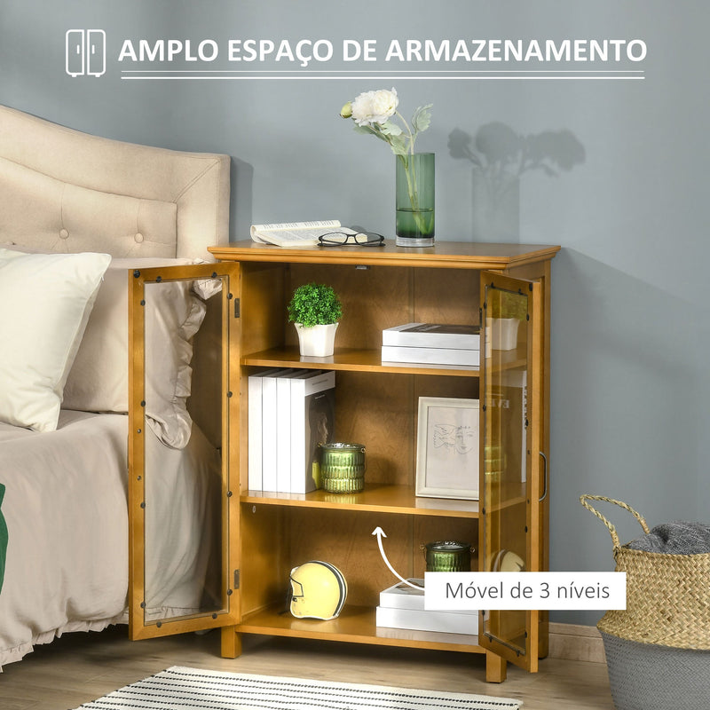 Aparador Auxiliar com 2 Portas de Vidro Armário de Sala de Estar Múltiuso com 2 Prateleiras Interiores Ajustáveis Estilo Rústico para Cozinha Sala de Jantar 66x31,8x86,8 cm Nogueira