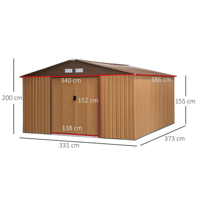 Abrigo de Jardim Metálico 340x386x200cm Abrigo de Exterior para Armazenamento de Ferramentas com Base Incluida 4 Janelas de Ventilação e Porta Corredeira Marrom