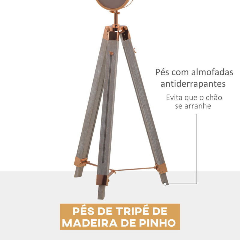 Candeeiro de Pé com Tripé de Madeira Suporte para Lâmpada E27 Máx. 25W IP20 Altura Ajustável Interruptor de Pé Candeeiro de Pé para Sala de Estar Dormitório Escritório Ø65x100-140cm Madeira Envelhecida e Ouro Rosa