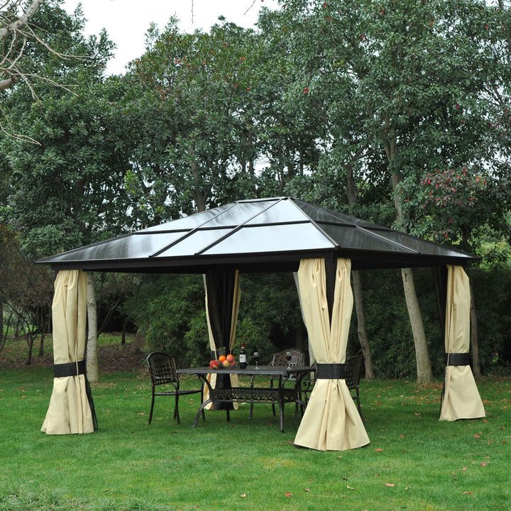Pérgola de Jardim 4,3x3,6m Pérgola de Alumínio de Exterior com Teto de Policarbonato 4 Cortinas Laterais e 4 Telas Mosquiteiras com Zíper para Festas Eventos Marrom e Bege
