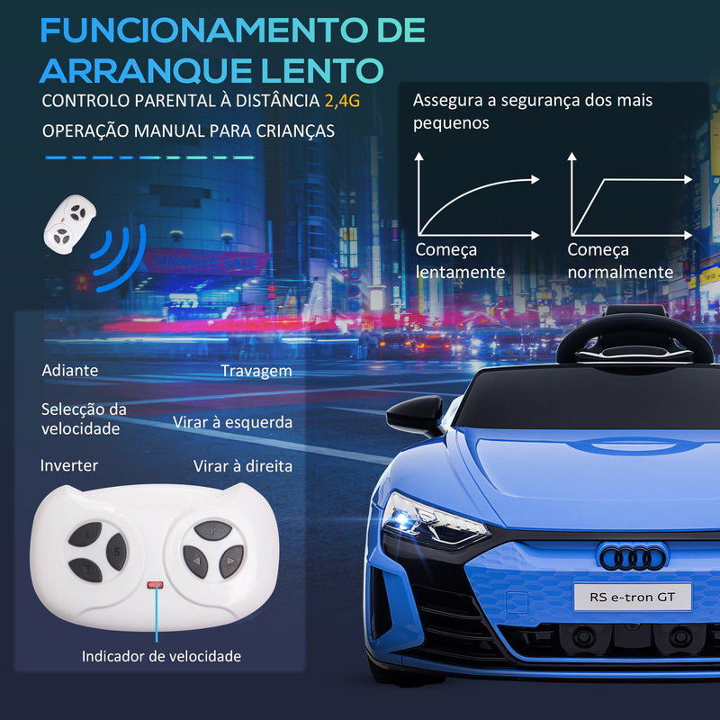 Carro Elétrico AUDI RS E-Tron GT para Crianças de 3-6 Anos Carro de Bateria 12V com 2 Motores Controlo Remoto Faróis LED Buzina Música USB e Abertura de Porta 3-5km/h 103x58x41cm Azul