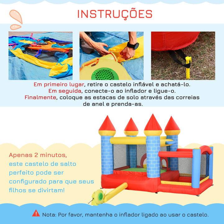Castelo inflável infantil com escorrega cama de salto insuflador e bolsa de transporte para interior e exterior 300x275x210 cm Multicolor