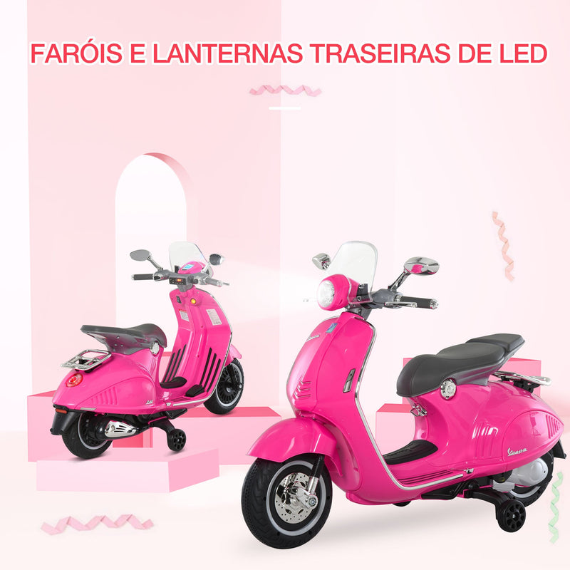 Mota elétrica Vespa para crianças acima de 3 anos com Faróis Música e 2 Rodas Auxiliares 108x49x75 cm Rosa