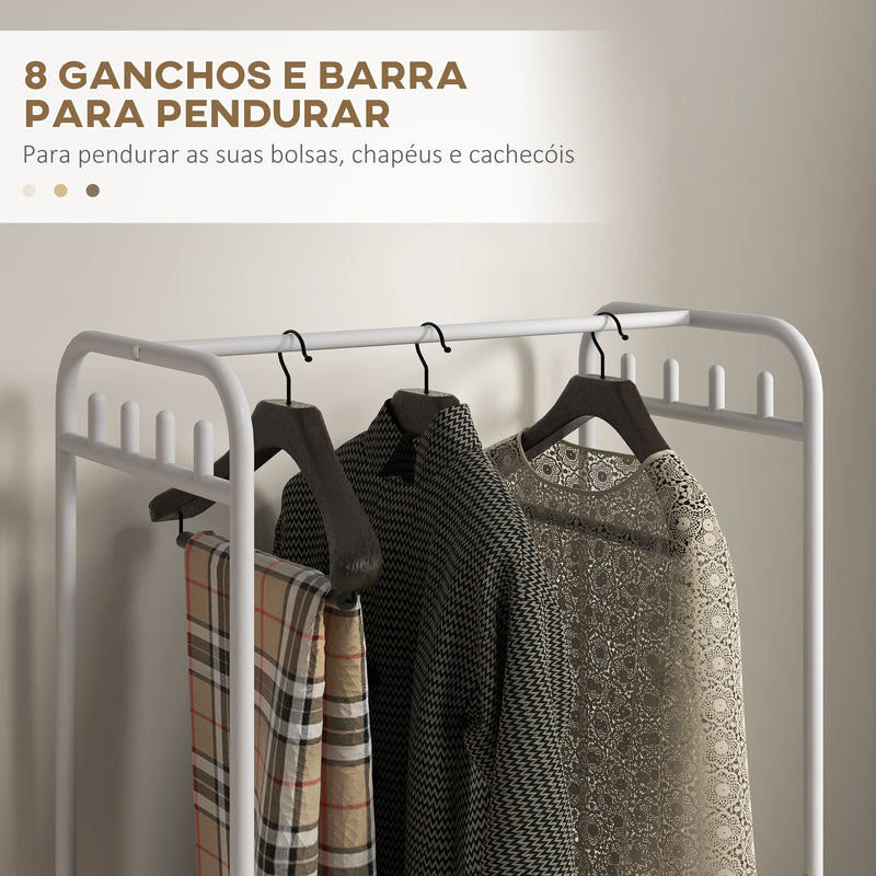 Charriot com Sapateiro Moderno 8 Ganchos e 4 Cestos para Armazenamento Charriot de Entrada com Rodas e Estrutura de Aço para Sala de Estar Dormitório Corredor 63x37x153 cm Branco