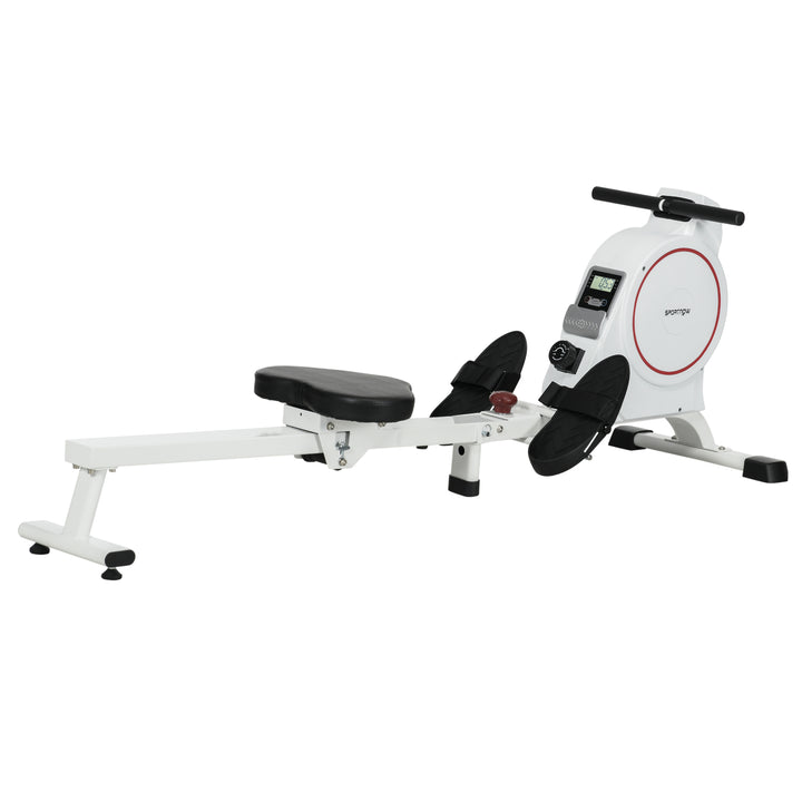Máquina de Remo Magnético Máquina de Remo Dobrável com Resistência de 8 Níveis Ecrã LCD e 2 Rodas de Transporte para Ginásio Carga Máxima 130 kg 180x48x60 cm Branco