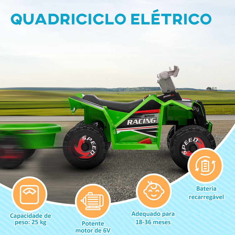 Quadriciclo Elétrico para Crianças com Reboque a Bateria 6V Carro Elétrico para Crianças de 18-36 Meses com Velocidade 2,5 km/h Carga Máxima 106x41,5x48,5 cm Verde