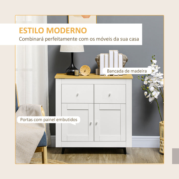 Aparador de Cozinha Móvel Auxiliar de Sala de Estar Moderno com Portas Dupla e 2 Gavetas para Sala de Estar Entrada Escritório 78x35x80 cm Branco e Madeira
