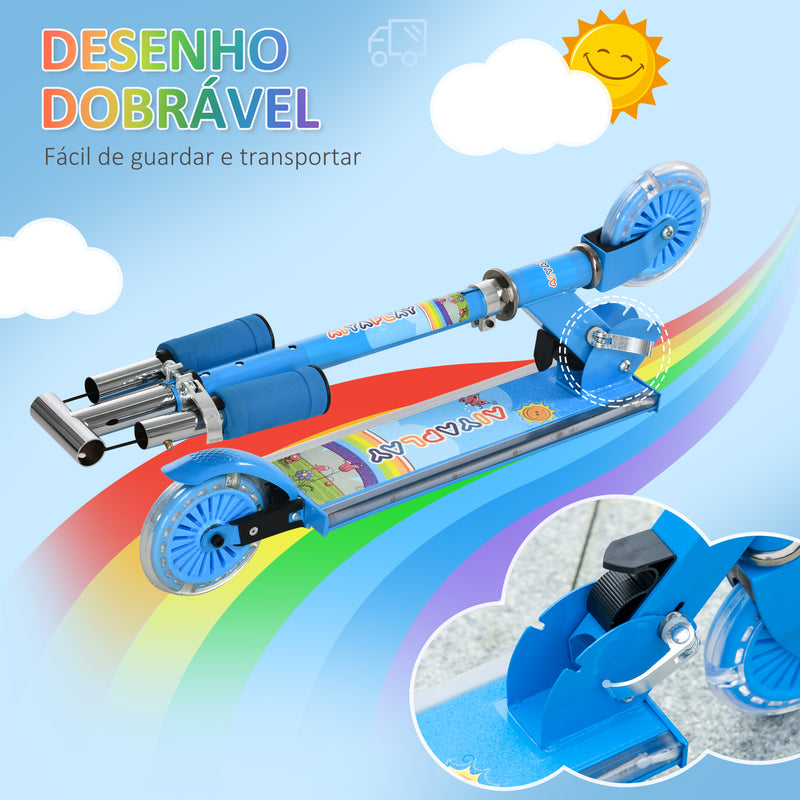 Trotinete para Crianças Dobrável Trotinete Infantil com Luzes e Música 4 Alturas Ajustável Rodas Brilhantes e Pedal LED para 3-7 Anos Carga 50 kg 67x32x65-78 cm Azul