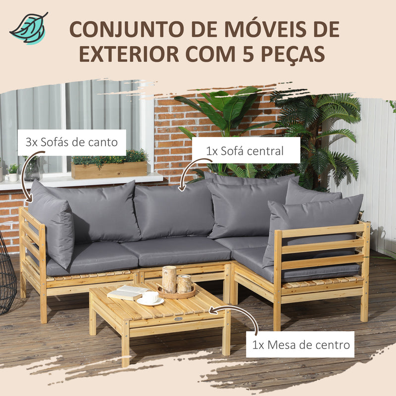 Conjunto Móveis de Jardim de Madeira 5 Peças Conjunto de Móveis de Varanda Inclui 4 Poltronas com Almofadas Acolchoadas e Mesa de Centro para Pátio Exterior Madeira